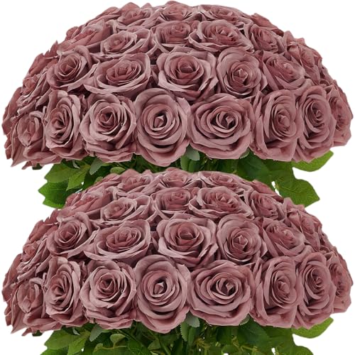 Carlita???s Blooms 50Pcs Dusty Rose Roses Artificial Flowers Artificial Silk Roses Bulk,Fake Roses Flower with Stems Realistic Flowers for Wedding Centerpiece Home Party Decor