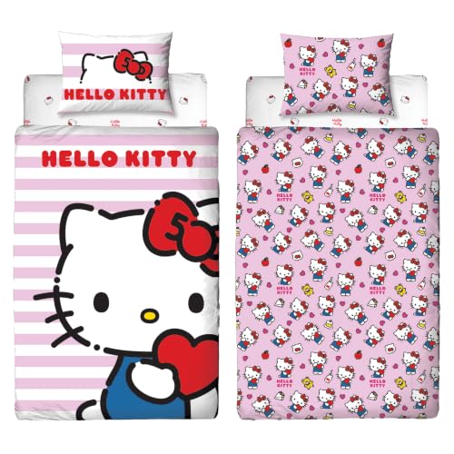 Officially Licensed Hello Kitty 3 Piece Bed Bundle Set, Hello Design, Single Duvet Cover, Pillowcase And Fitted Sheet, For Single Beds, Kids Bedroom Set