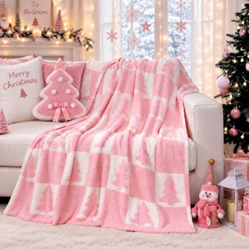 Buryeah Christmas Tree Knit Throw Blanket, 50 x 60 Inch Reversible Knitted Throw Blanket, Cozy Soft Lightweight Gift for Couch Sofa Bed (Soft Pink)