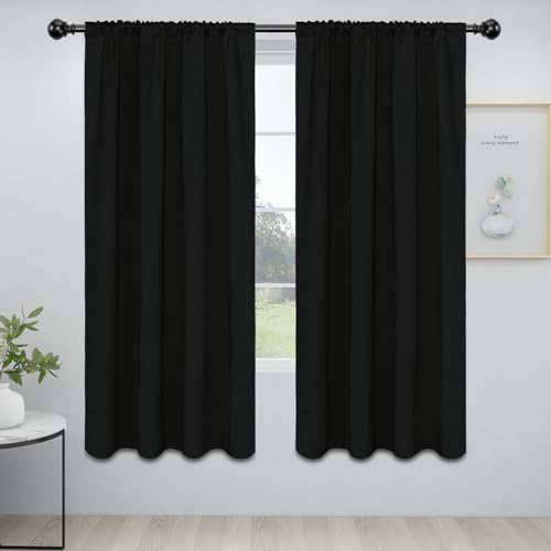 Easy-Going Rod Pocket Blackout Curtains for Bedroom, Room Darkening Window Curtains for Living Room, Thermal Insulated Noise Reduction Solid Window Drapes, 2 Panels(42x72 in, Black)