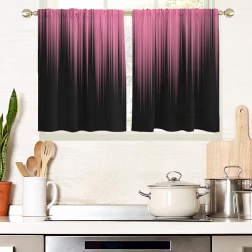 "AAtter Pink and Black Kitchen Curtains, Ombre 27.5"" W x 36"" L, 2 Panels - Gothic Modern Abstract Striped, Cute Preppy Girls Style, Rod Pocket Bathroom Window Drapes, Small Short Tiers for Women"