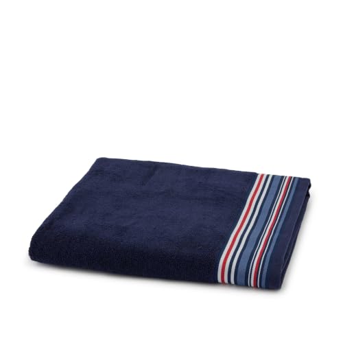 Tommy Hilfiger - Navy Terry Towelling Bath Towel 480gsm 100% Cotton Striped Weave Lightweight and Absorbent 100x150cm