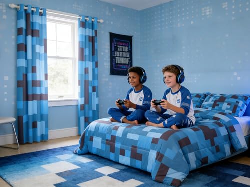 Pixel Grid Miners Kids Comforter Set Full Size,Reversible Gamepad Video Games Bedding Set,Boys Room Decor,Army Camo Geometric Quilt Comforter,Black Light Blue Duvet Set Bedroom Quilt Set,2 Pillowcases
