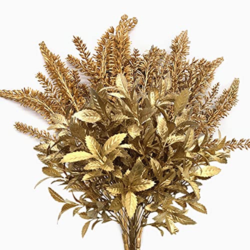 CATTREE Artificial Gold Plants, Plastic Leaves Golden 4 Pack, Fake Grass Faux Shrubs Bushes for Home Indoor Outdoor Garden Leaf Wedding Christmas Festival Decoration Hall Table Planter Filler
