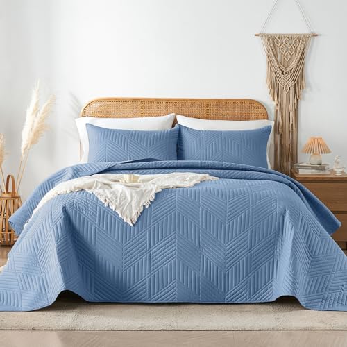 Davulos Bluish Grey Quilt Set Full/Queen Size, Reversible Microfiber Embossing Bedspreads, Breathable Bedding Coverlet Lightweight All Season Bed Cover with Pillow Sham