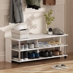 Furinno TURN-N-TUBE Shoe Rack, 3-Tier Shoe Organizer, Compact Shoe Storage with Open Shelves and Stainless Steel Tubes, 39.37 x 104.39 x 40.13 cm, for Closet Entryway, Office, Garage, White Oak