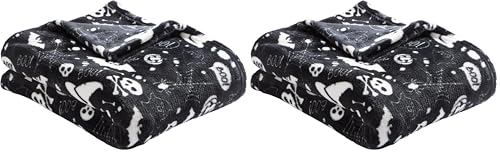 Bedlam - Halloween Fleece Blanket (120 x 150cm) - Super Soft & Cosy Black Fleece Throw with Spooky Bats & Skulls (Pack of 2)