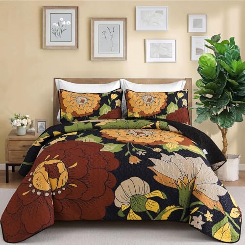 DJY Floral Quilt Set Queen Size Black Boho Bedspread Coverlet Set 3 Pieces, Botanical Quilt Lightweight Microfiber Farmhouse Floral Bohemian Bedding Set with 2 Pillow Shams for All Season (96''x90'')