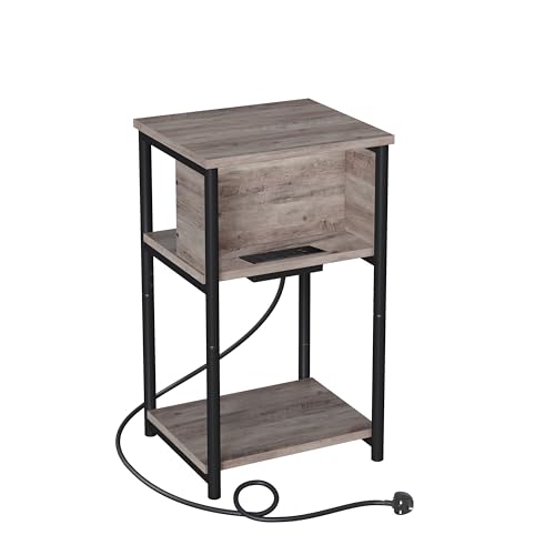 VASAGLE Slim Side Table with Charging Station, Narrow Bedside Table with 2 AC Outlets 2 USB Outlets, 30 x 34 x 58 cm, for Living Room, Bedroom, Heather Greige and Ink Black LET374B02