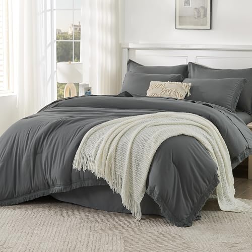 Andency King Comforter Set, 7 Pieces Dark Grey Bedding - Boho Bed in a Bag, Soft Lightweight, Fringe Bed Set with Comforter(104x90), Sheets, Pillowcases & Shams