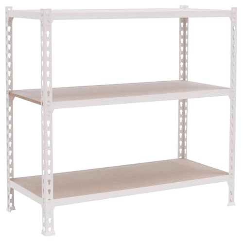 Simon Rack Garage Shelving Unit 900x800x500 mm, 3 Tier Metal Rack with 16 mm MDF Shelves, 150 kg per Shelf, White/Wood – Maderclick