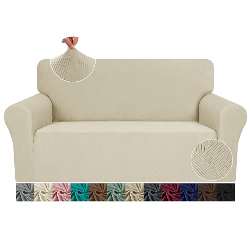 JIVINER Super Stretch Loveseat Sofa Cover 1 Piece Jacquard Couch Covers for 2 Cushion Couch Sofa Small Checks Love seat Slipcover Furniture Protecor for Kids,Pets (Medium, Khaki Interlacing)