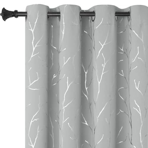 BUHUA Black Out Curtains 108 Inch Long 2 Panels, Soundproof Curtains with Elegant Silver Tree Branches Print, Heat Blocking Curtains for Livingroom, 52W x 108L, Silver