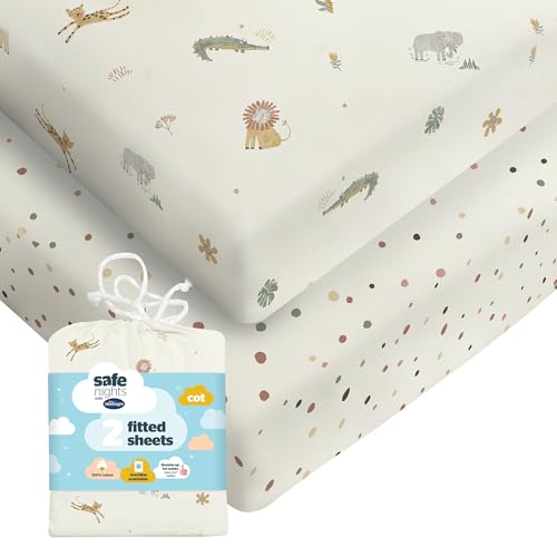 Silentnight Safe Nights Fitted Sheet - Cot Mattress - Breathable 100% Cotton Jersey - Super Soft Kind to Baby Skin - Secure Fit with Elasticated Corners - 2 Pack, Cot, Safari