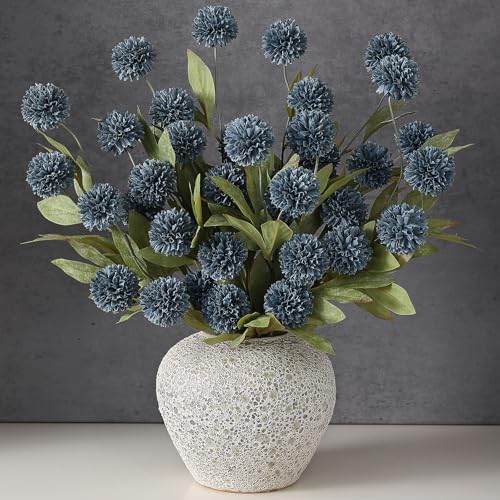 "6 Pcs 27""Faux Silk Pompon Mum Artificial Flowers for Vase(Dark Blue) - Bulk Fake Chrysanth Branches Faux Silk Flowers, for DIY Bouquet Centerpieces Wedding Filler Arrangements Shower Decor"