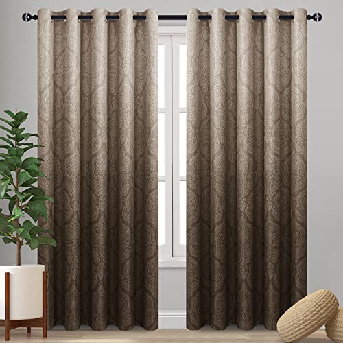 DWCN Ombre Blackout Curtains for Living Room - Thermal Insulated Block Light Energy Saving Privacy Gradient Damask Grommet Window Curtains for Bedroom, Set of 2 Panels, 70 x 96 Inch Length, Brown