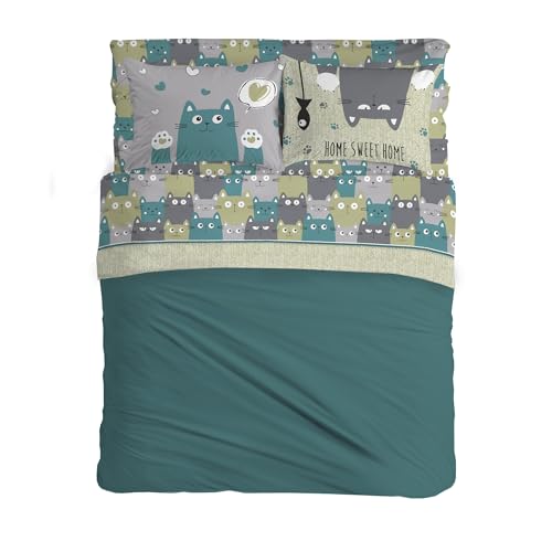 PENSIERI DELICATI Complete Double Bed Set 100% Cotton, Double Bed Sheet Set, 180 x 200 cm, Including Bottom Sheet, Top Sheet and 2 Pillowcases, Made in Italy, Happycat Green Pattern