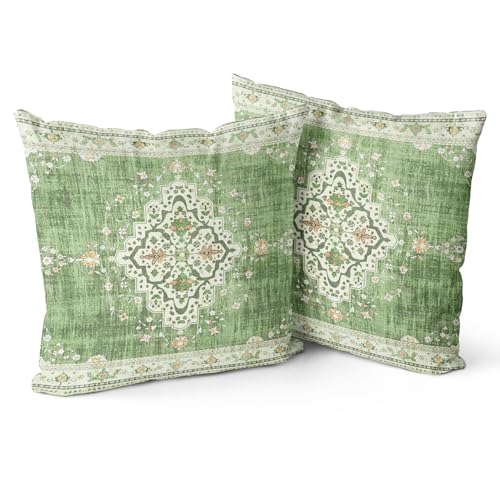 Snycler Boho Throw Pillow Covers 16x16 inch Set of 2 Bohemian Carpet Throw Pillows for Couch Grass-Green Decorative Pillow Cases Farmhouse Home Decor for Sofa Porch Patio Bed Room Outdoor