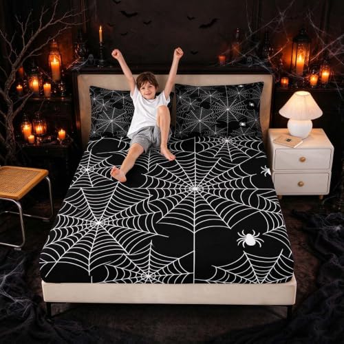 Feelyou Boys Spider Web Printed Bedding Set for Kids Children Halloween Themed Bed Sheet Set Decorative Scary Spider Pattern Fitted Sheet Black White Animal Theme Bed Cover Full Size 3Pcs