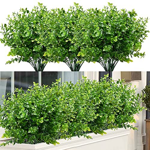 ArtBloom 8 Bundles Outdoor Artificial Boxwood UV Resistant Fake Stems Plants, Faux Plastic Greenery for Indoor Outside Hanging Plants Garden Porch Window Box Home Wedding Farmhouse D??cor