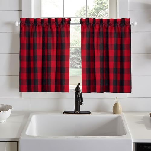 "Elrene Home Fashions Farmhouse Living Holiday Window-Curtain Tier Set, 30""X24"", Red/Black"