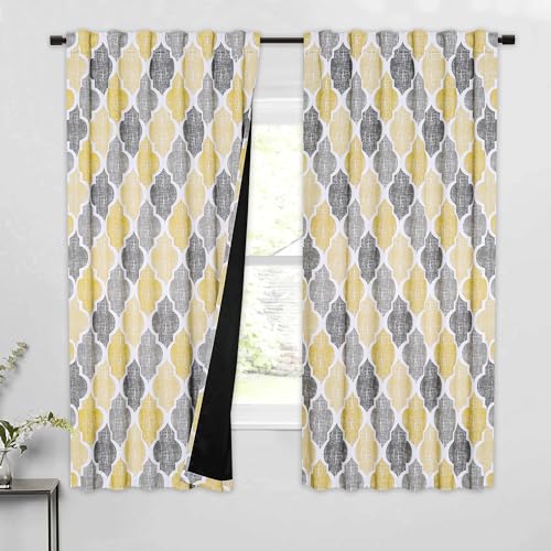 Beauoop Moroccan 100% Blackout Curtains Bedroom Yellow Grey 50x63 2 Panels - Geometric Room Darkening Drapes for Living Room 84 Inch Long Thermal Insulated Soundproof Lattice Window Treatment Rod Pocket