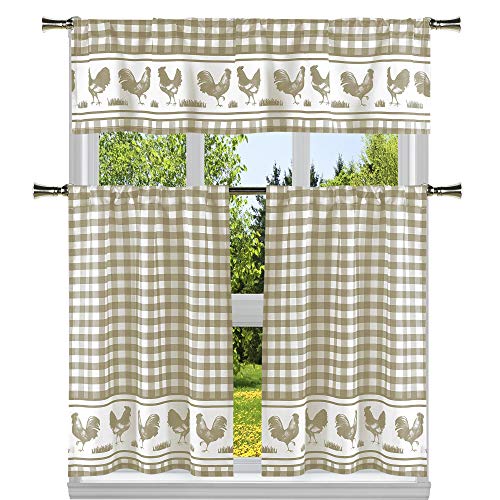 Duck River Textile Hellen Buffalo Check Plaid Gingham 58 in. W x 15 in. L Kitchen Curtain & Tier Set in Taupe-White