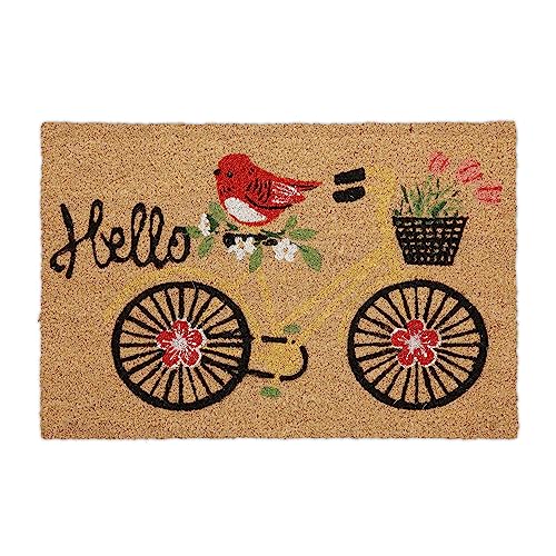 Relaxdays Coir Doormat, Hello Inscription, Coconut Mat, Shoe Scaper, Bicycle Motif, Weatherproof, 40x60cm, Multicoloured, Coco