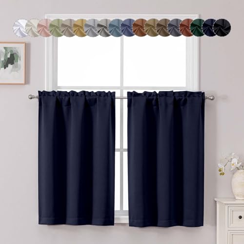 "Chyhomenyc Navy Blue Short Blackout Curtains 36 Inch Length, Small Kitchen Curtain Tier Rod Pocket Half Window Curtains for Bathroom Basement Cabinet Camper RV Bunk, 2 PCS, Each 30"" Wx36 L"