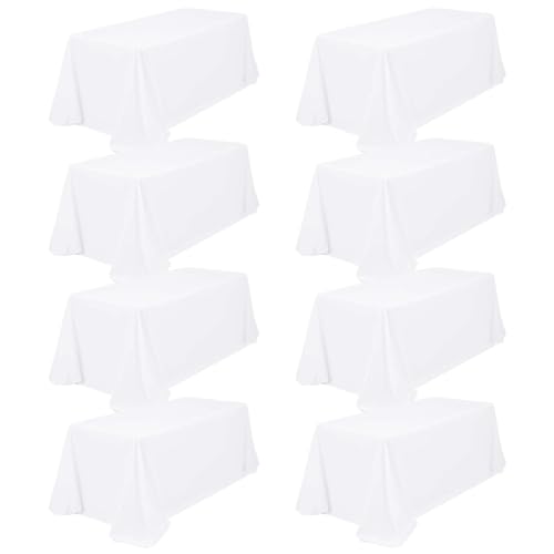 FXKS 8 Pack Rectangle Tablecloth 90 x 156 inch White Polyester Table Cloth for 8 Feet Tables, Wrinkle & Stain Resistant, Washable Fabric, Perfect for Wedding Parties Banquet Kitchen