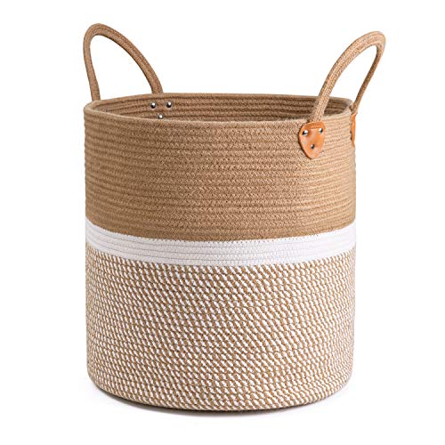 "CHICVITA Extra Large Woven Storage Basket with Handles ??? Laundry Basket Toy Towels Jute Blanket Basket Home Decor Gift, 16"" x 16"", White"