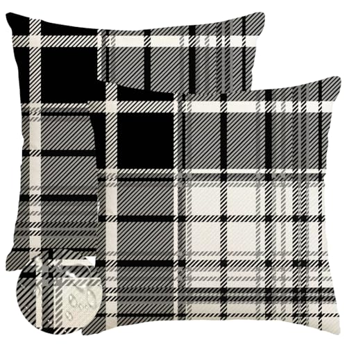 RABUSOFA Pillow Covers 18x18 Inch Indoor Outdoor Waterproof Set of 2 Buffalo Plaid Striped Holiday Decorative Cushion Cases for Home Patio Decor Decorations Couch Black