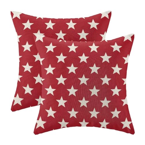 AEIOAE 4th of July Decorations Pillow Covers 24x24 Inch Set of 2, Independence Day Red Stars Throw Pillows Linen Farmhouse Holiday Patriotic Cushion Case for Sofa Living Room Outdoor Decor