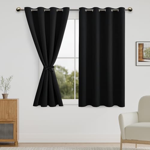 DWCN Black Blackout Short Curtains for Bedroom with Tiebacks - Thermal Insulated Light Blocking Grommet Window Curtains for Living Room, 52 x 45 inch Length, Set of 2 Panels