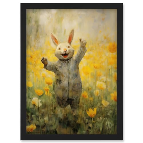 Artery8 Tulips and Rabbit Watercolour Fun Kids Baby Nursery Artwork Framed Wall Art Print A4