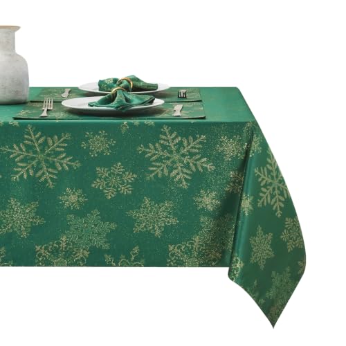 HomeJoy Hunter Gold 60x84 Oblong Christmas Sparkling Snowflake Tablecloth - Waterproof, Stain Resistant, Wrinkle Free, Rectangle, Outdoor, Table Cover, Dining, Party, No-Iron Soil Resistant Woven