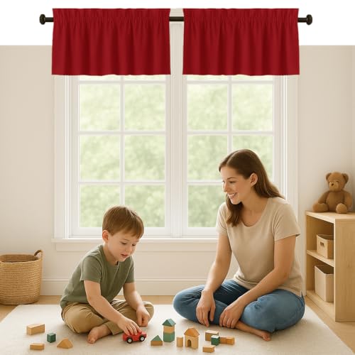Softopia Cotton Red Valance Curtains 2 Pack, 54x18 Inches, 100% Cotton, Rod Pocket Window Valances, Semi Sheer Short Curtain Panel for Kitchen, Farmhouse, Caf??, Bedroom, Bathroom, Living Room D??cor