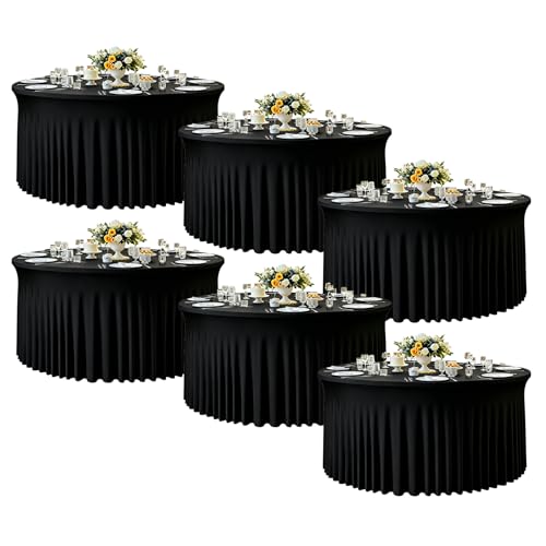 6 Pack Round Tablecloth, Black Cloth Tablecloth for 6ft Tables, Heavy Duty Fitted Picnic Table Cloths Spandex Table Cover with Skirt for Buffet Table, Holiday Party, Dinner, Wedding & Baby Shower