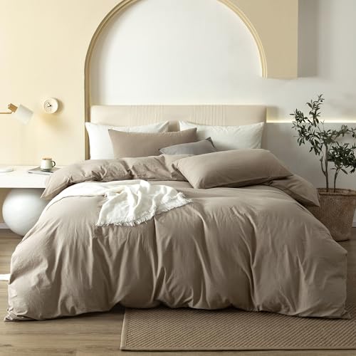 JIYUAN King Washed Cotton Duvet Cover Set, 3-Piece, Relaxed Linen Feel - Includes 2 Pillowcases, Hidden Zipper & 8 Corner Ties. Naturally Soft, Breathable & Lightweight. Machine Washable.