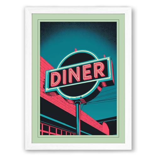 Neon Diner Sign Retro Framed Wall Art Print A2 (59.4×42cm) White, Wall Decor for Living Room, Bedroom, Office & Home, Ready to Hang, Art Gift