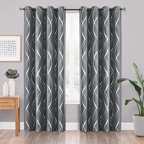 BUHUA Blackout Curtains 72 inch Length 2 Panels Set for Bedroom - Energy Efficient and Noise Reducing Curtains for Patio Sliding Glass Door with Wave Line Foil Print, 52W x 72L Inch, Light Grey