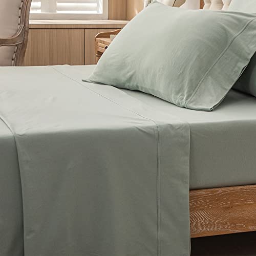 PURE ERA Jersey Knit Flat Top Sheet Only 100% T-Shirt Heather Cotton Super Soft Comfy Breathable (1-Pack, Queen, Sage Green)