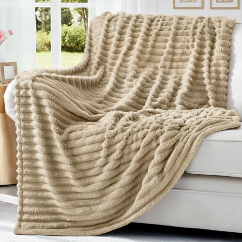 decorUhome Light Brown Fleece Throw Blanket 50x60 Inches - Soft Couch Cozy Fluffy Plush Flannel Striped Blanket for Sofa Bed, Lightweight Decorative Ribbed Fuzzy Blanket for Woman