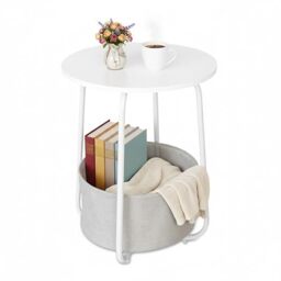 Relaxdays side table, round coffee table with fabric basket, H: 50x40 cm, living room table, MDF & metal, white/grey