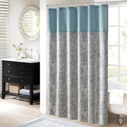"Madison Park Aubrey Shower Curtain Paisley Jacquard Pieced Microfiber Faux Silk Modern Home Bathroom Decorations Bathtub Privacy Screen, Decorative Bathroom, 72"" x 72"", Teal"