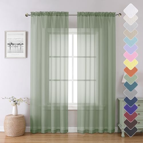 "Lecloud Sage Green Sheer Curtains 84 Inches Long 2 Panels Set, Solid Voile Light Filtering Airy Window Treatments for Living Room, Elegant Bedroom Sheer Curtain Drapes, Sage Green, 40"" W x 84"" L"