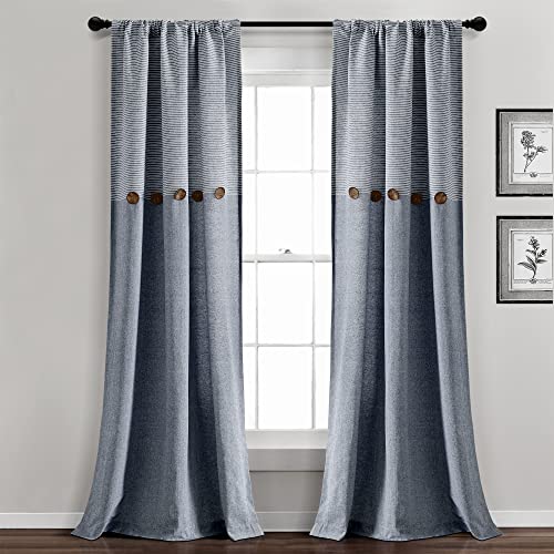 "Lush Decor Farmhouse Button Stripe Yarn Dyed Woven Cotton Window Curtain Panel Pair, 84"" L x 40"" W, Navy"