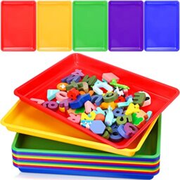 Maitys 15 Pcs Flat Plastic Trays 16.1 x 11.8'' Sensory Storage Tray Paper Trays Stackable Classroom Bins for Office Home Organizer Arts and Crafts Supplies(Classic Color)
