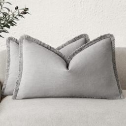 Foindtower Set of 2 Decorative Linen Fringe Lumbar Throw Pillow Covers Farmhouse Cushion Cover with Tassels Accent Pillowcase for Couch Sofa Bed Living Room Home Decor,12×20 Inch,Light Rustic Gray