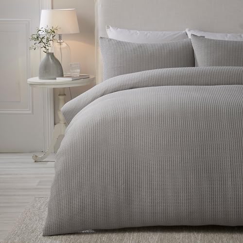 Serene Silver Waffle Duvet Cover Set – Double Size 200x200cm – Soft Touch Textured Bedding – Grid Pattern – Square Puckered Design – Luxury Bedroom Linen – Lindly Collection